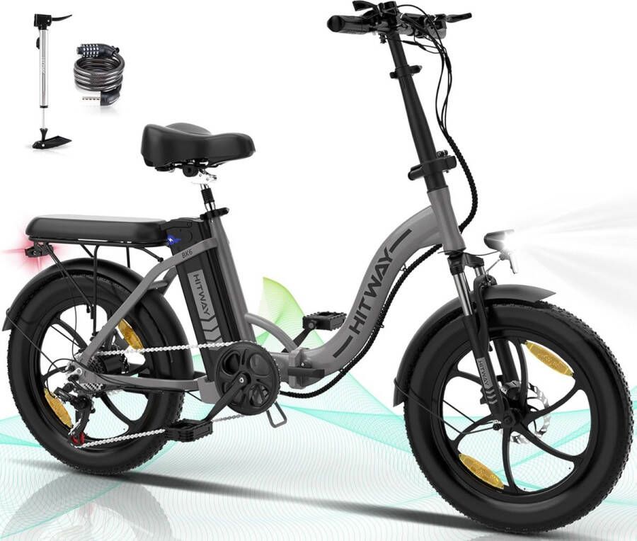 Hitway Elektrische Fiets BK6S 20*3.0 Inch Fat Tire City Commuter EBike met Afneembare 36V 12Ah Lithium Batterij Opvouwbaar Mountain E-Bike met 250W Motor 7 Versnellingen IP54 Waterdicht