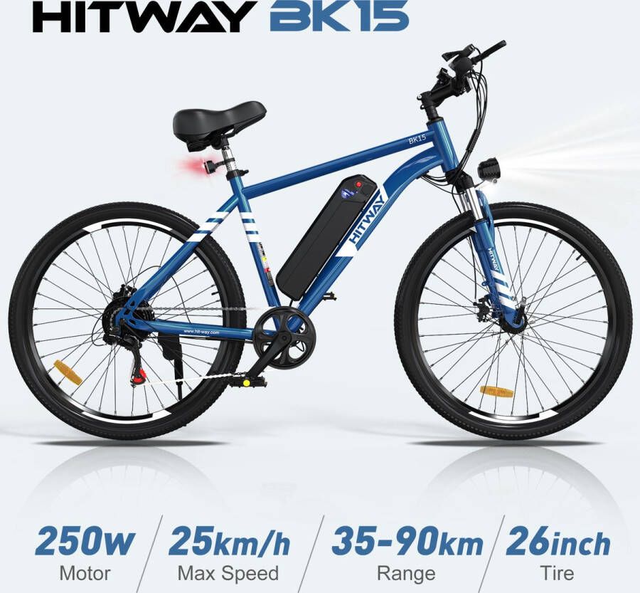 Hitway Elektrische fiets Ebike 26 inch 11.2 Ah tot 35-90 km 7 versnellingen Blauw