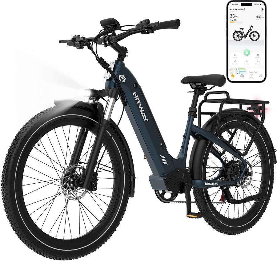 Hitway Elektrische Fiets BK16 26*3.0 Inch Fatbike Mountain Snow EBike met Afneembare 48V 15Ah Lithium Batterij City Commuter E-Bike met 250W Motor Maximale Actieradius tot 90-120 KM Compatibel met APP en NFC