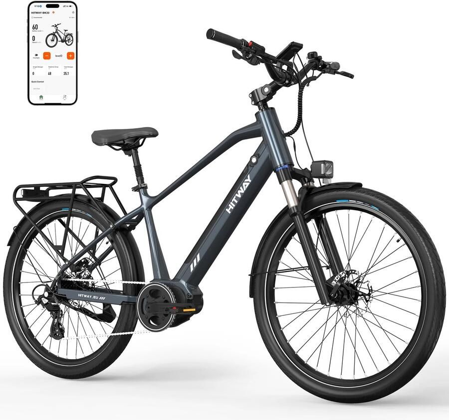 Hitway Elektrische Fiets BK33 E-Bike met 250W Middenmotor 26*2.35 Inch City Commuter EBike met Afneembare 36V 10.4Ah Lithium Batterij 7 Versnellingen IP54 Waterdicht