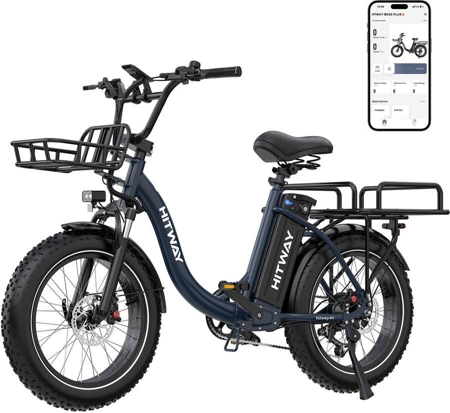 Hitway Elektrische Fiets BK6S Plus R 20*4.0 Inch Fat Tire City Commuter EBike met Afneembare 48V 27 Ah BMS Lithium Batterij Mountain E-Bike met 250W Motor 7 Versnellingen Maximale Actieradius tot 140-160 KM Compatibel met APP en NFC