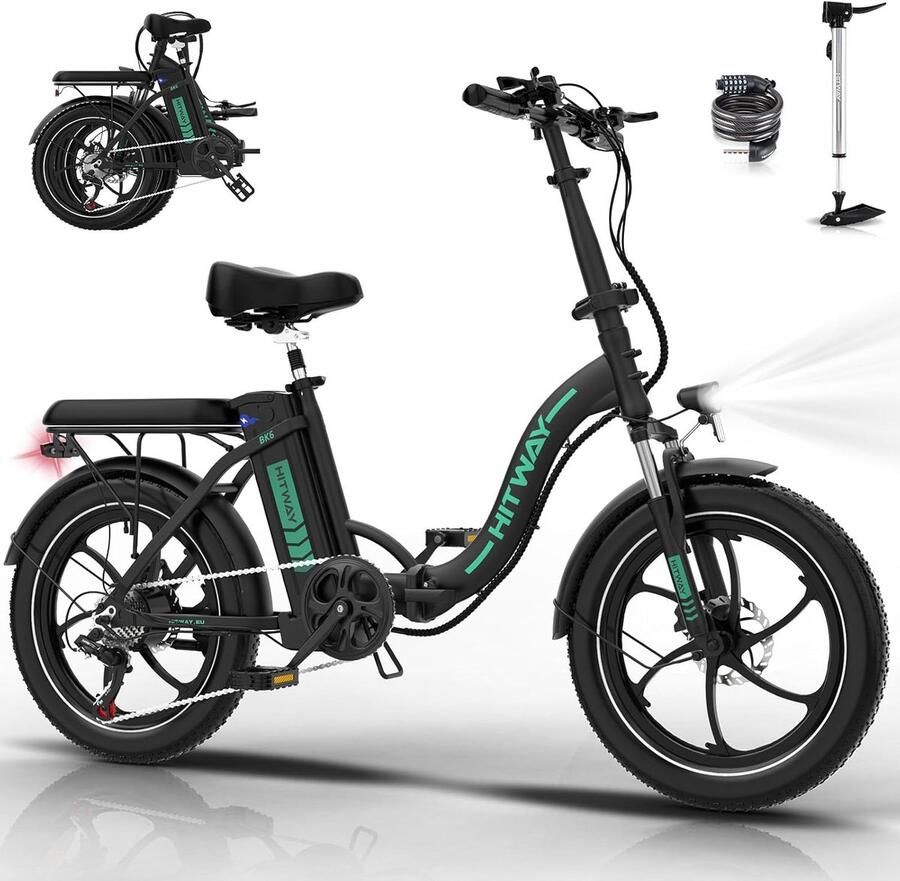 Hitway Elektrische Fiets BK10SP Trendy 20*4.0 Inch Fat Tire City Commuter EBike met Afneembare 48V 13Ah Lithium Batterij Opvouwbaar Mountain E-Bike met 250W Motor 7 Versnellingen IP54 Waterdicht