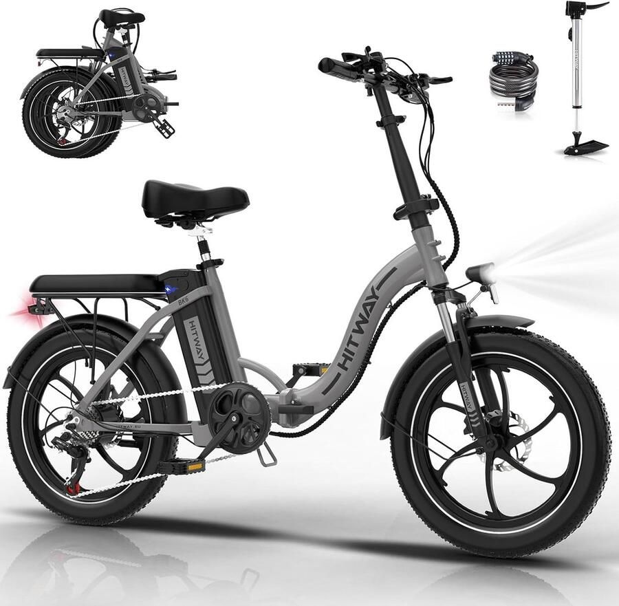 Hitway Elektrische Fiets BK10SP Trendy 20*4.0 Inch Fat Tire City Commuter EBike met Afneembare 48V 13Ah Lithium Batterij Opvouwbaar Mountain E-Bike met 250W Motor 7 Versnellingen IP54 Waterdicht