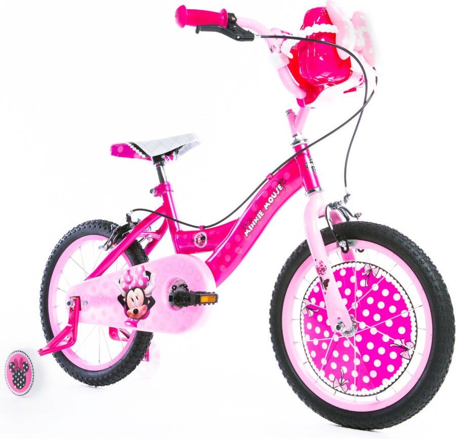 Huffy Disney Minnie Mouse Meisjesfiets voor kinderen van 5-7 jaar. 16 Inch inclusief zijwieltjes verstelbaar zadel en uniek Minnie Mouse stuur met strik Officiële Disney licentie fiets met roze frame en schattige kenmerken