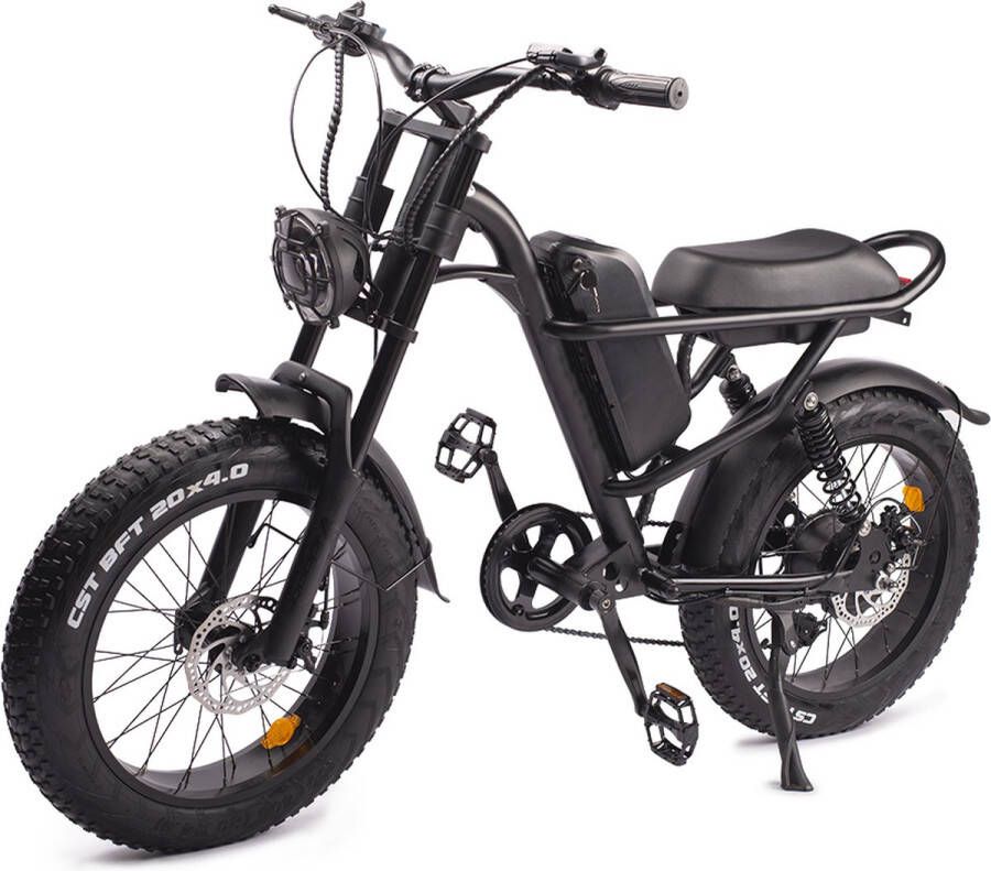 Idpoo-2 Upgraded Elektrische Fatbike Max snelheid 60km u Retro E-bike Elektrische Fiets 20 Inch banden 7 Speed Shimano versnellingen 550W Motor 48V 15.6AN Lithium accu Carbon Staal Zwart