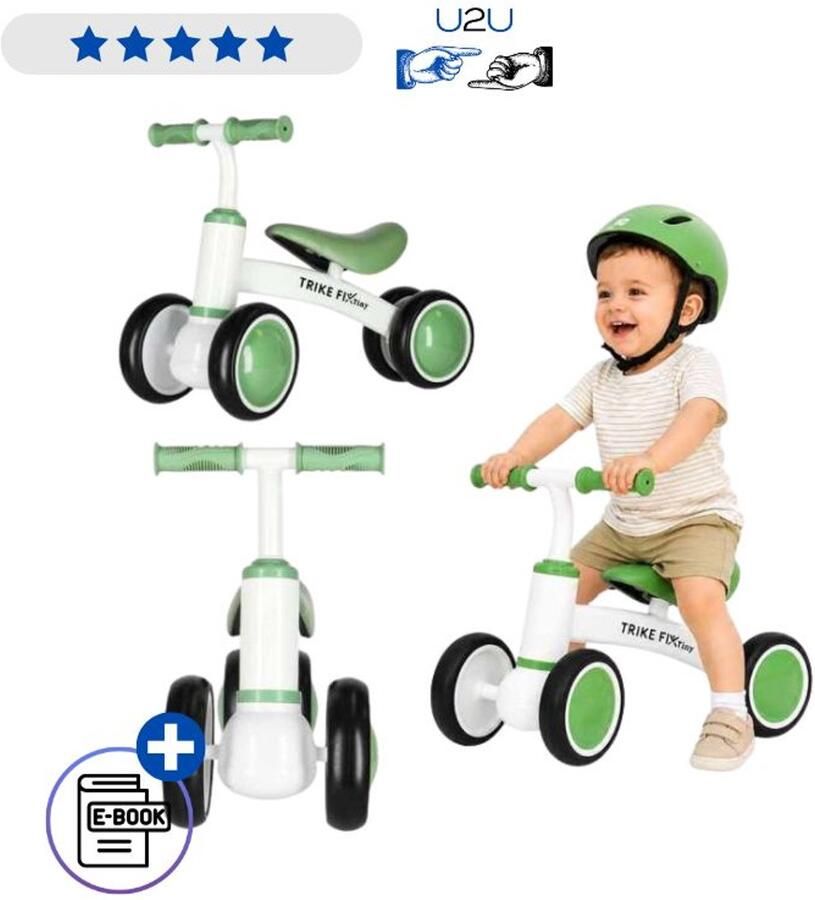 IKONKA Trike Fix Tiny V2 Loopfiets Groen 4 Wielen Kinderfiets Vanaf 18 Maanden Balansfiets met Stalen Frame Ergonomisch Zadel Antislip Handgrepen Veilig en Stabiel Peuter Voertuig voor Binnen en Buiten Gebruik Met Ebook