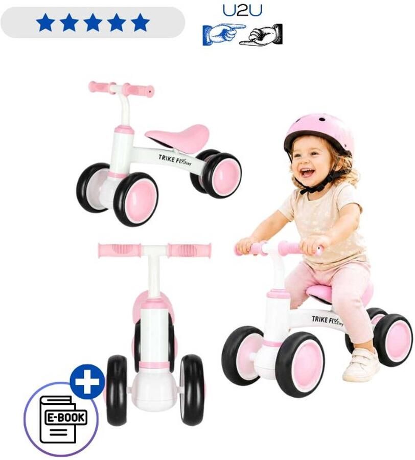 IKONKA Trike Fix Tiny V2 Loopfiets Roze Speelgoed 2 jaar Vierwielige Balansfiets Voor Peuters Kinder Loopfiets Zonder Pedalen Stalen Frame Ergonomisch Zadel Anti Slip Handgrepen Veilig Kinderfietsje Vanaf 18 Maanden Met Ebook