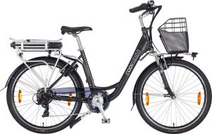 Inandoutdoormatch Elektrische Stadsfiets 26 inch E-bike met 7 versnellingen Framemaat 46 cm V-brakes Damesfiets Zwart