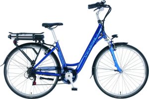 Inandoutdoormatch Elektrische Stadsfiets 28 inch wielmaat E-bike met 6 versnellingen Framemaat 46 cm V Brakes en remgrepen Damesfiets Blauw