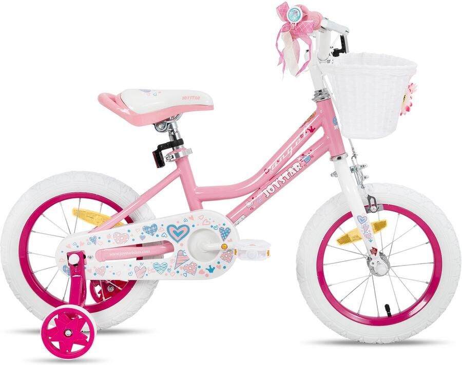 JOYSTAR Angel Meisjesfiets Verschillende Maten 12 Inch Met Zijwieltjes Handrem Inclusief Mandje Roze Geschikt voor buitenactiviteiten in de lente