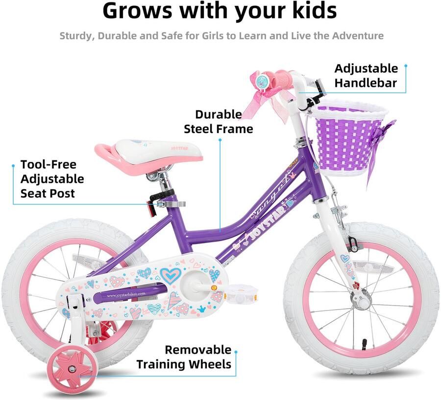 JOYSTAR Angel Meisjesfiets Verschillende Maten 12 Inch Met Zijwieltjes Handrem Inclusief Mandje Paars Geschikt voor buitenactiviteiten in de lente