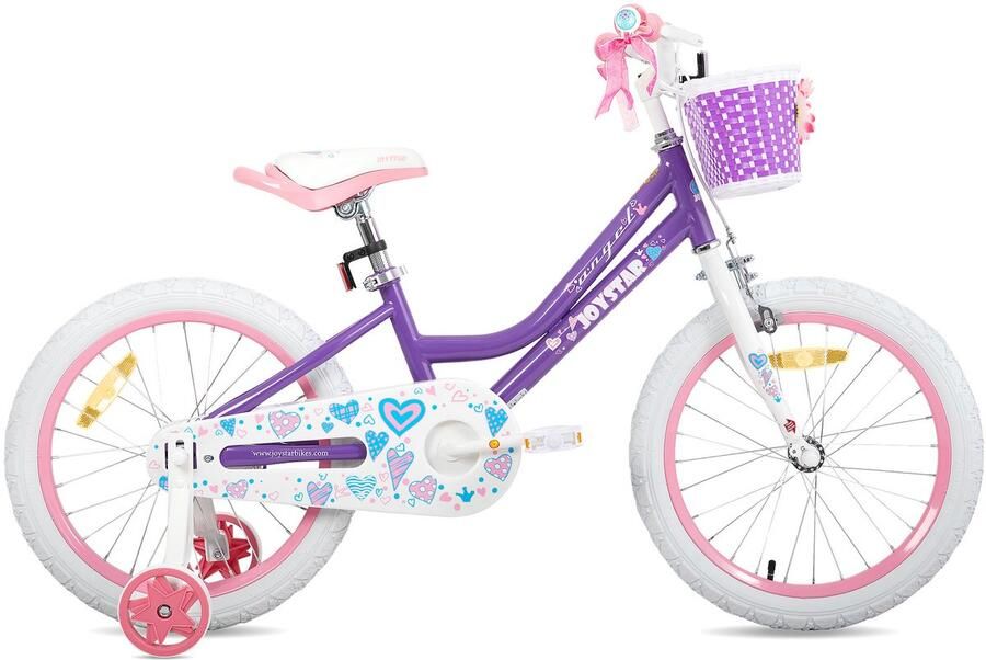 JOYSTAR Angel Meisjesfiets Verschillende Maten 18 Inch Met Zijwieltjes Handrem Inclusief Mandje Paars Geschikt voor buitenactiviteiten in de lente