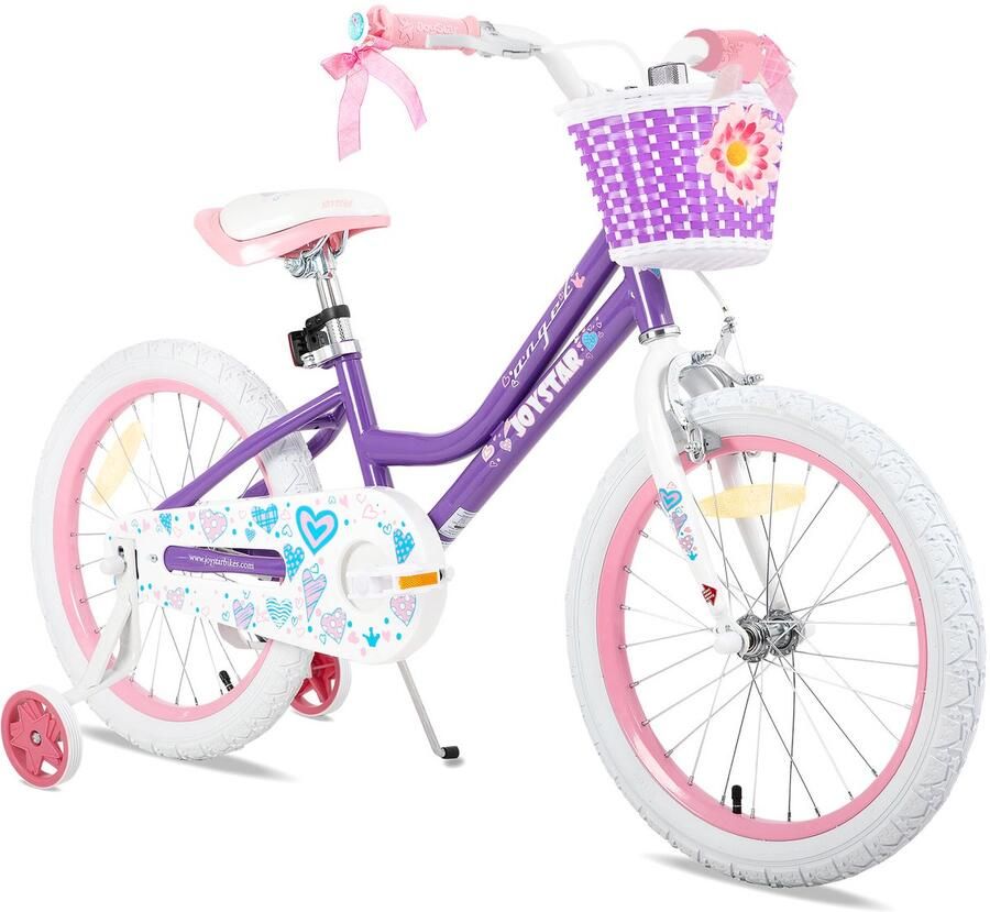 JOYSTAR Angel Meisjesfiets Verschillende Maten 18 Inch Met Zijwieltjes Handrem Inclusief Mandje Paars Geschikt voor buitenactiviteiten in de lente