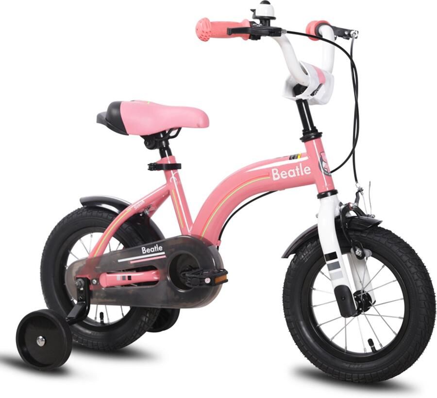 JOYSTAR Beatle Kinderfiets 16 Inch 4-7 Jaar Zijwieltjes Handrem Terugtraprem Bel Roze