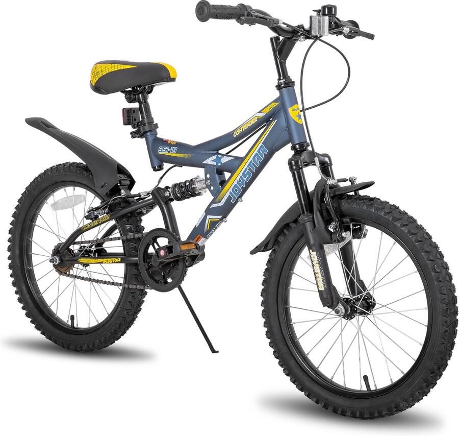 JOYSTAR Contender Full Suspension Kids Mountainbike 20 Handrem Rem Bel Spatborden Blauw