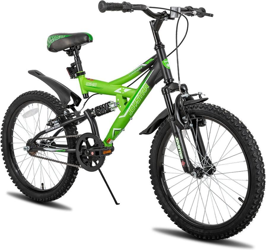 JOYSTAR Contender Full Suspension Kids Mountainbike 20 Handrem Rem Bel Spatborden Groen