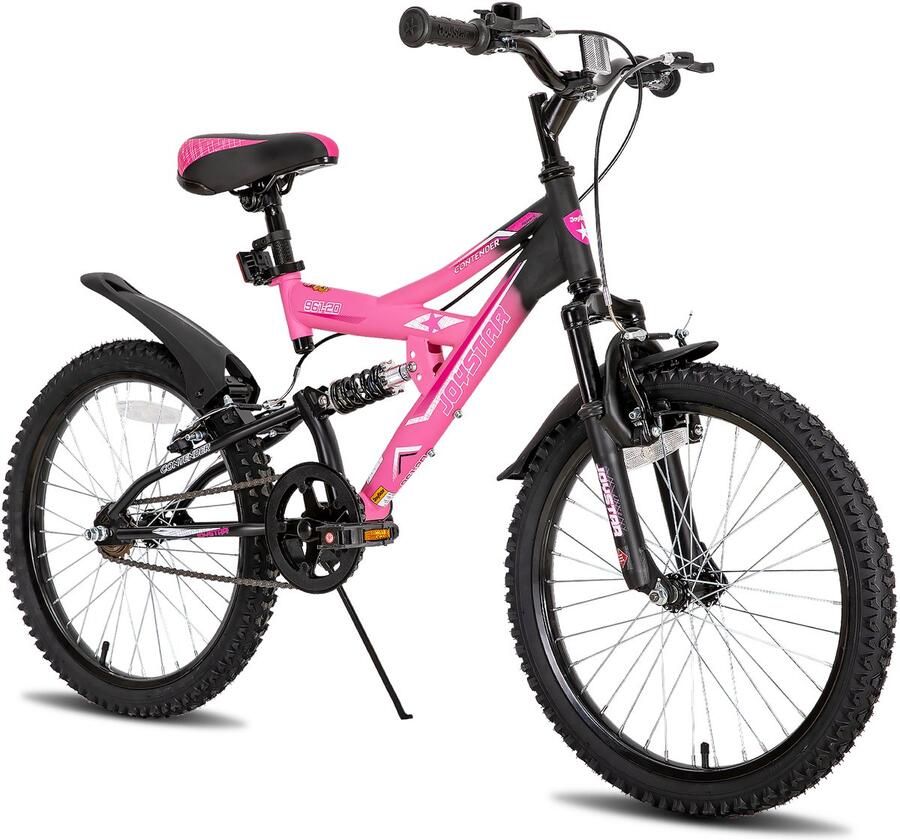 JOYSTAR Contender Full Suspension Kids Mountainbike 20 Handrem Rem Bel Spatborden Roze