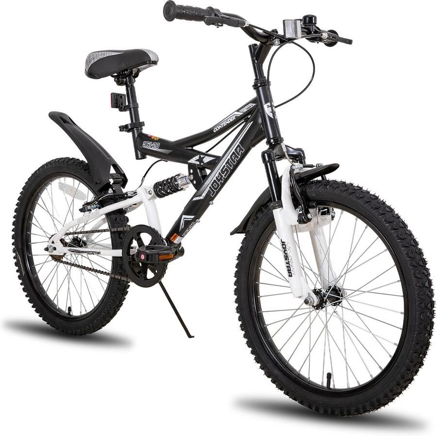 JOYSTAR Contender Full Suspension Kids Mountainbike 20 Handrem Rem Bel Spatborden Zwart
