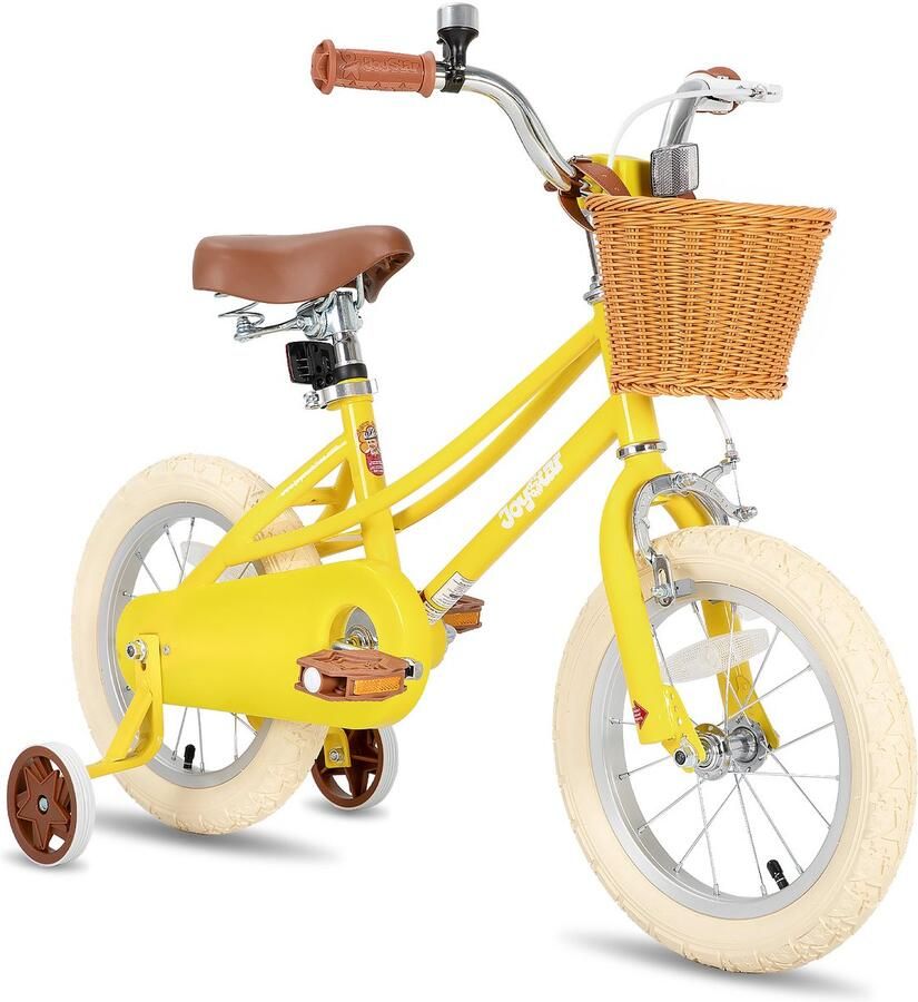JOYSTAR Fantasy Kinderfiets voor Meisjes 16 Inch Mand Zijwieltjes Bel Handrem Geel Geschikt voor buitenactiviteiten in de lente