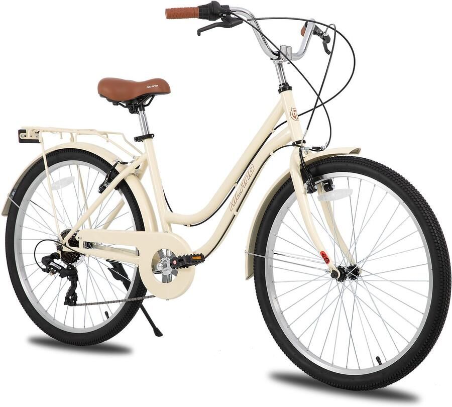 JOYSTAR Hiland Breeze Dames Commuter Stadsfiets 26 7 Versnellingen Handrem Mand Standaard Beige Geschikt voor buitenactiviteiten in de lente