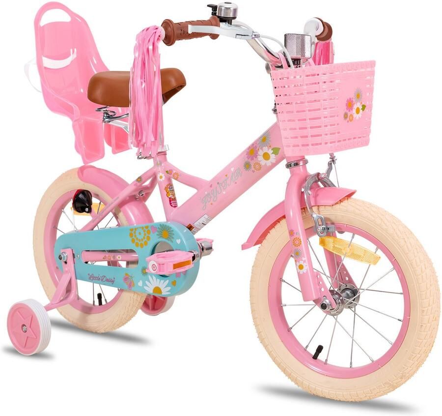 JOYSTAR Little Daisy Meisjesfiets 16 Inch Kinderfiets met zijwieltjes 4 5 & 6 jaar 103-120 Kledingmaat Roze Fiets 16 inch Mandje Poppenzitje Bel Handrem Roze Geschikt voor buitenactiviteiten in de lente