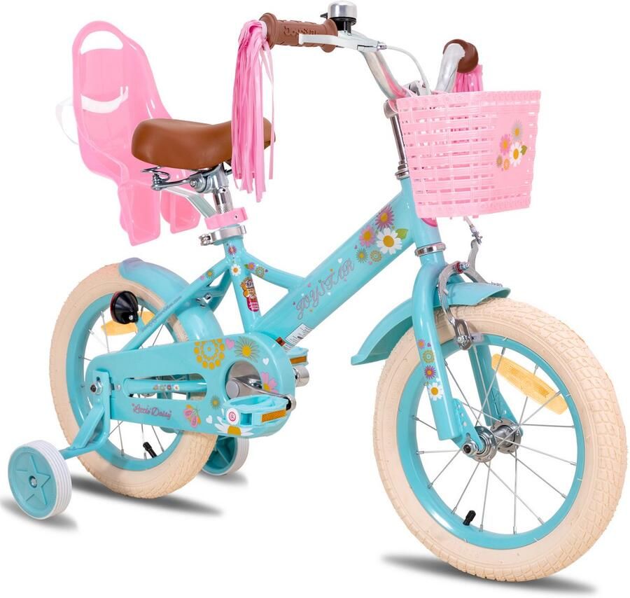 JOYSTAR Little Daisy Meisjesfiets 12 Inch Mandje Poppenzitje Zijwieltjes Bel Handrem Blauw Geschikt voor buitenactiviteiten in de lente