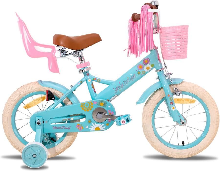 JOYSTAR Little Daisy Meisjesfiets 12 Inch Mandje Poppenzitje Zijwieltjes Bel Handrem Blauw