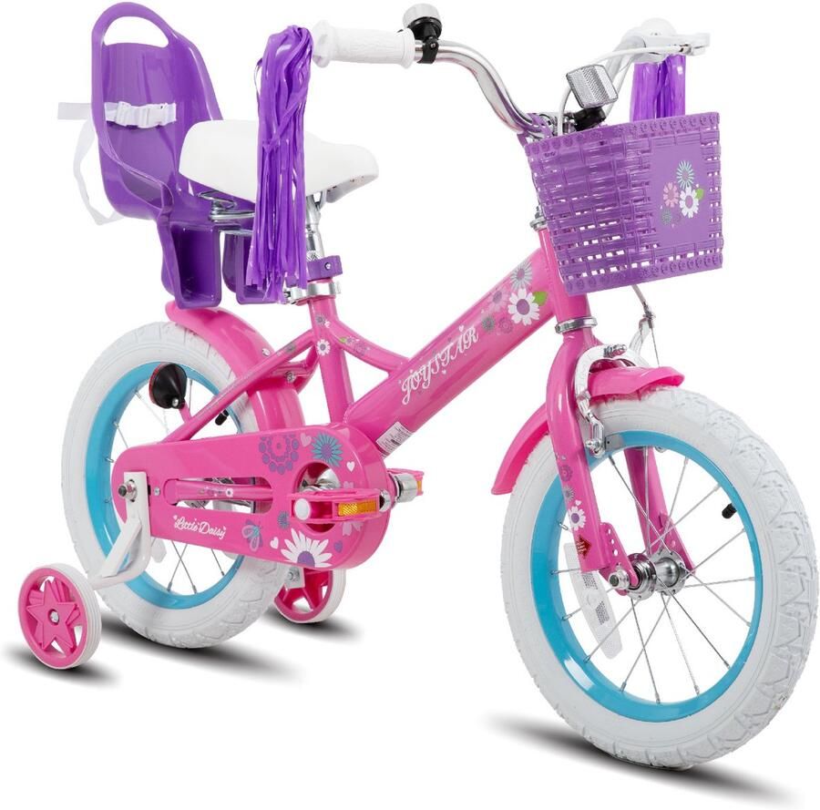 JOYSTAR Little Daisy Meisjesfiets 14 Inch Mandje Poppenzitje Zijwieltjes Bel Handrem Fuchsia Geschikt voor buitenactiviteiten in de lente