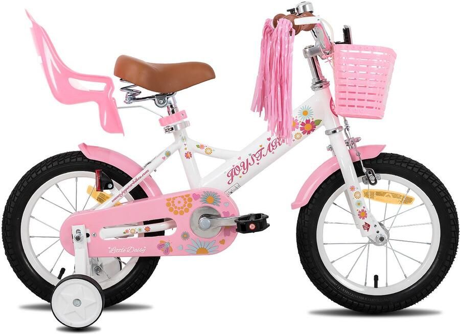 JOYSTAR Little Daisy Meisjesfiets 12 Inch Mandje Poppenzitje Zijwieltjes Bel Handrem Wit