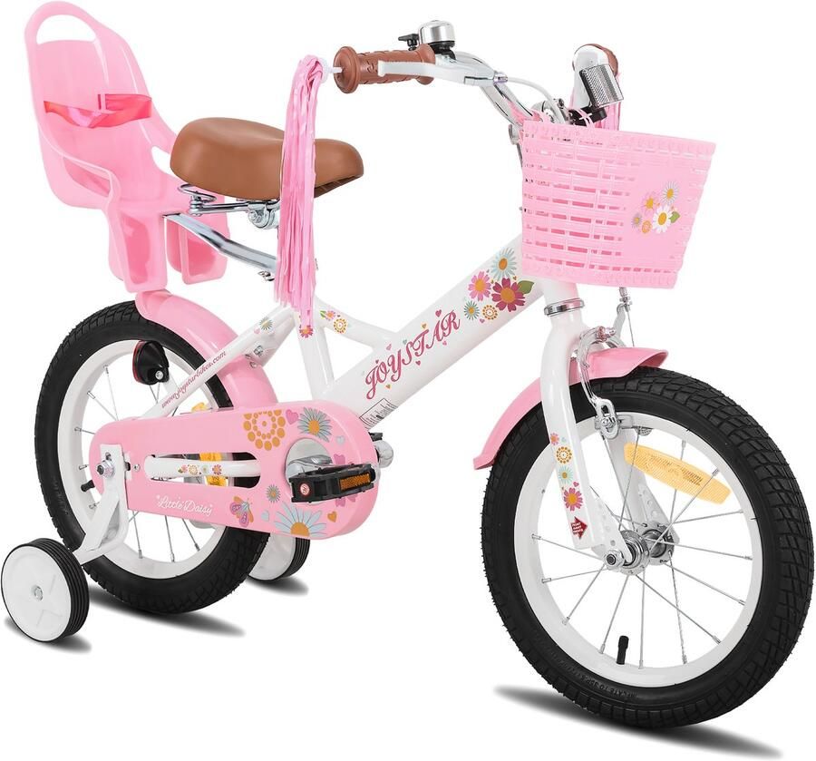 JOYSTAR Little Daisy Meisjesfiets 14 Inch Mandje Poppenzitje Zijwieltjes Bel Handrem Wit Geschikt voor buitenactiviteiten in de lente