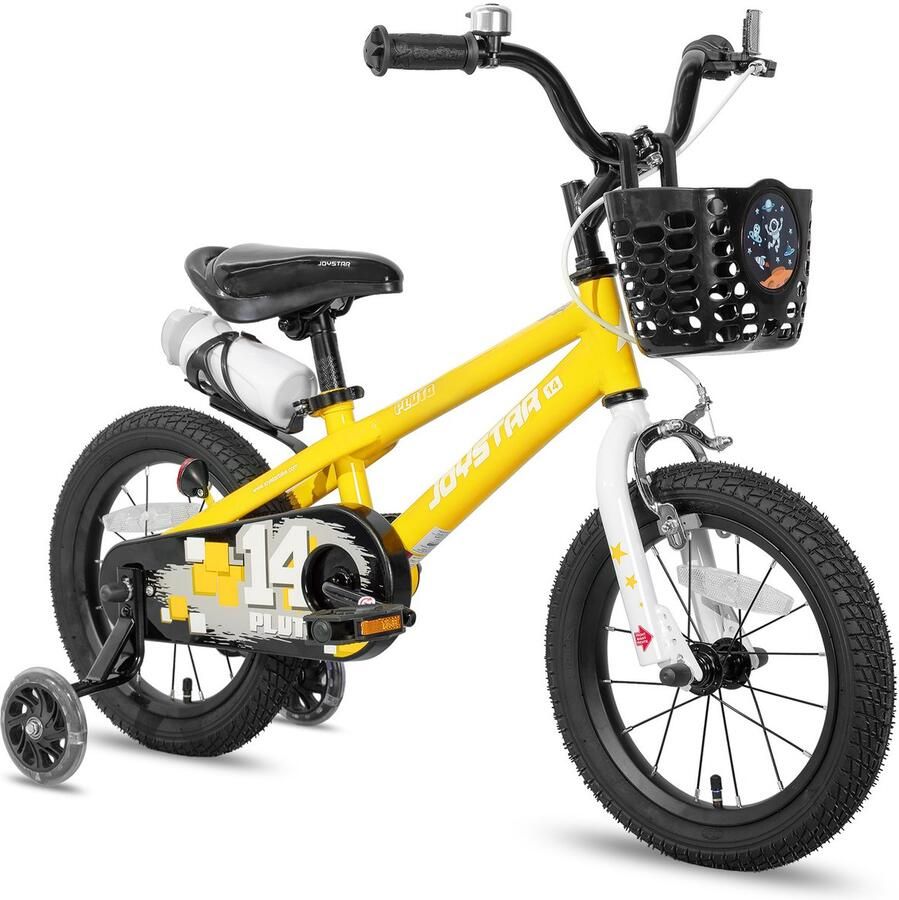 JOYSTAR Pluto Kinderfiets 14 inch met dje met waterfles zijwieltjes bel handrem geel