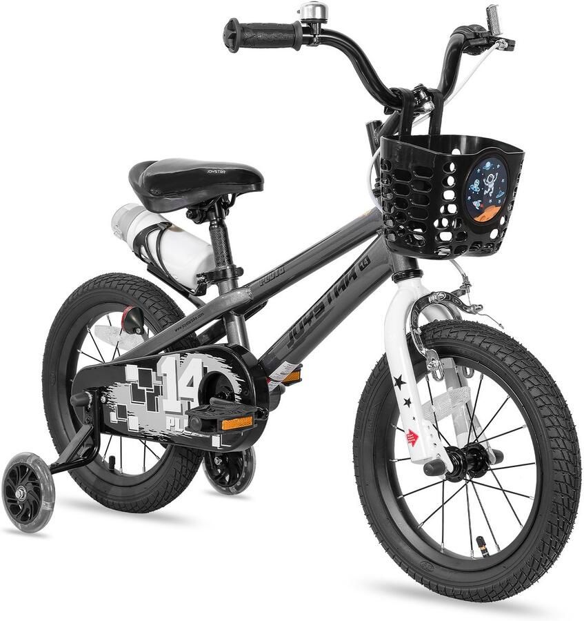 JOYSTAR Pluto Kinderfiets 14 inch met dje met waterfles zijwieltjes bel handrem grijs