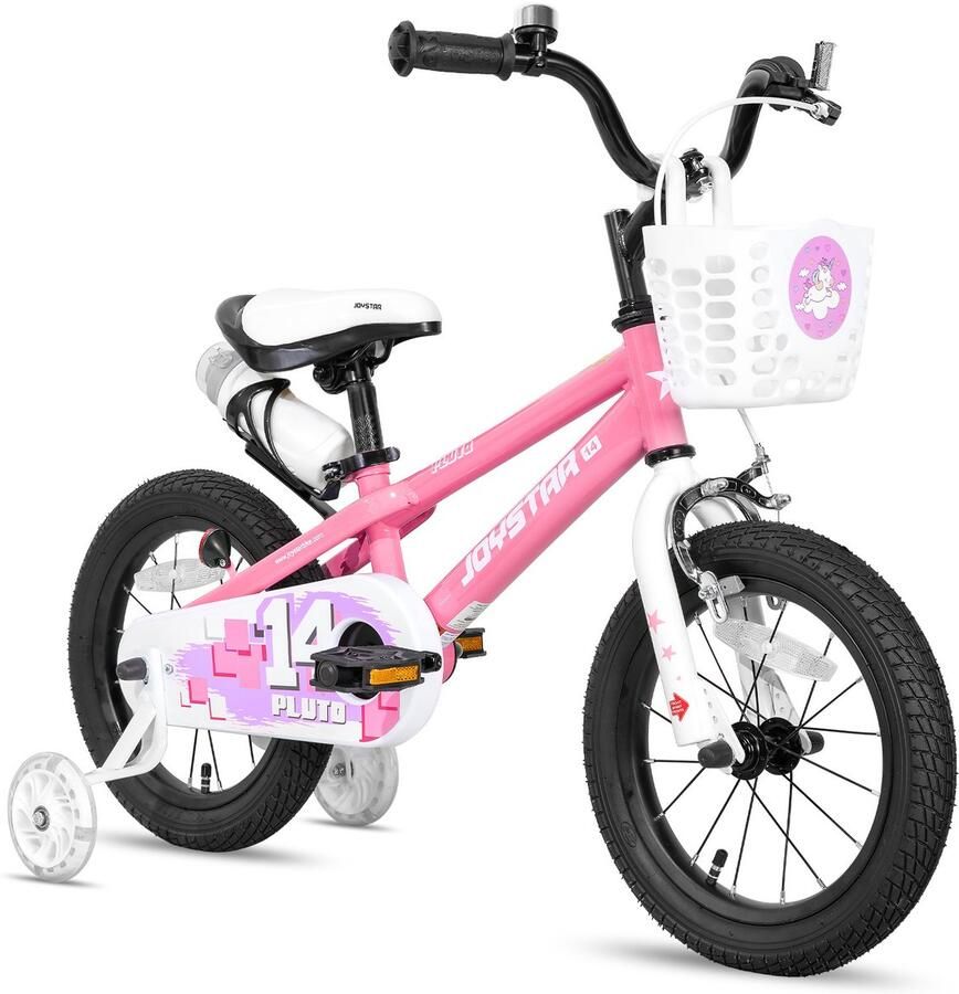 JOYSTAR Pluto Kinderfiets 14 inch met mandje met waterfles zijwieltjes bel handrem roze