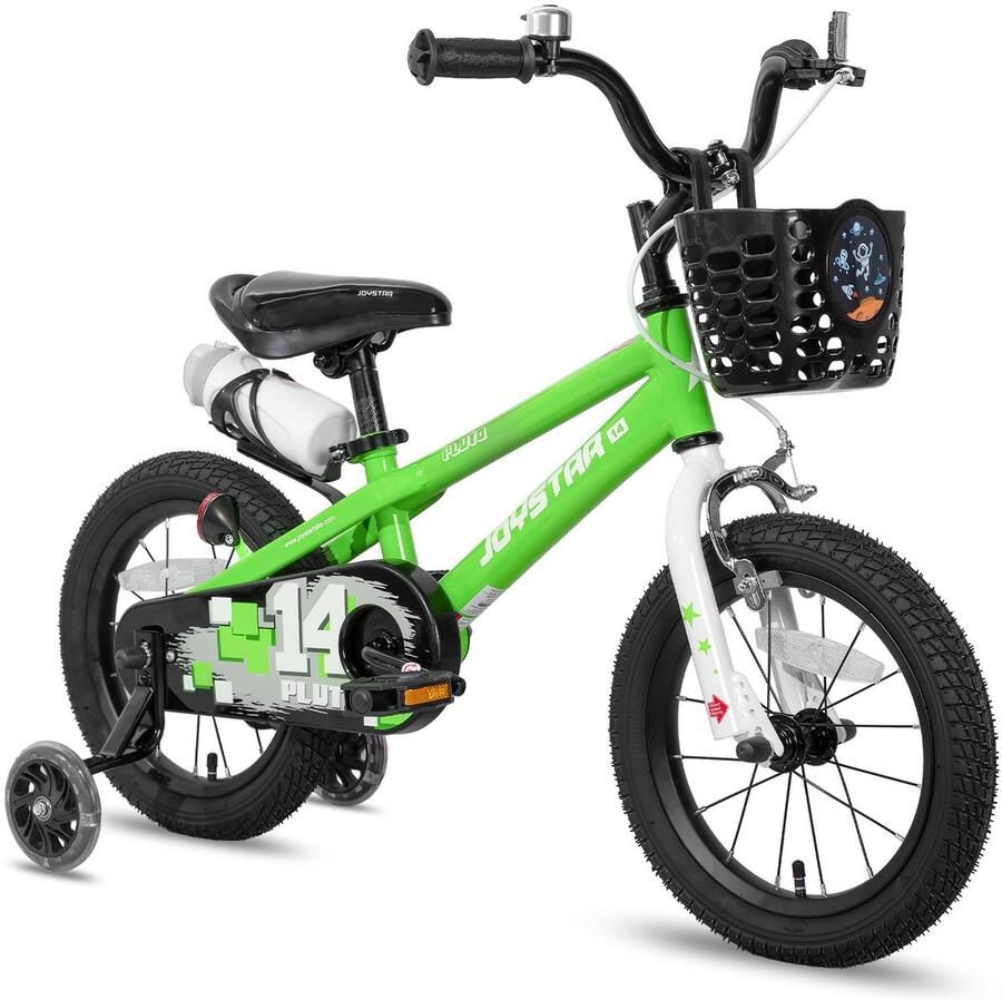 JOYSTAR Pluto Kinderfiets 14 inch met dje met waterfles zijwieltjes bel handrem groen