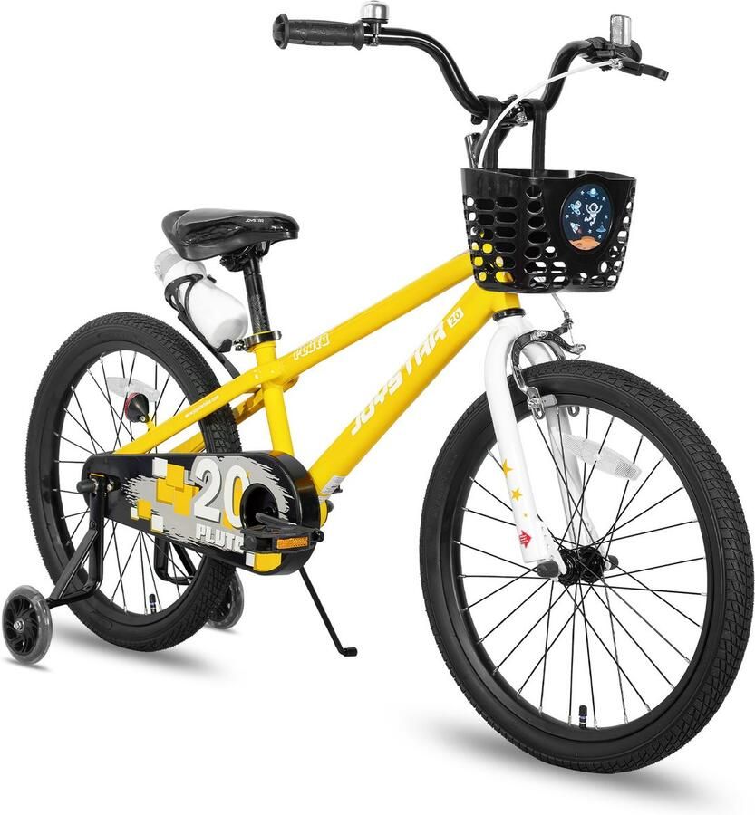 JOYSTAR Pluto Kinderfiets 18 inch met dje met waterfles zijwieltjes bel handrem geel