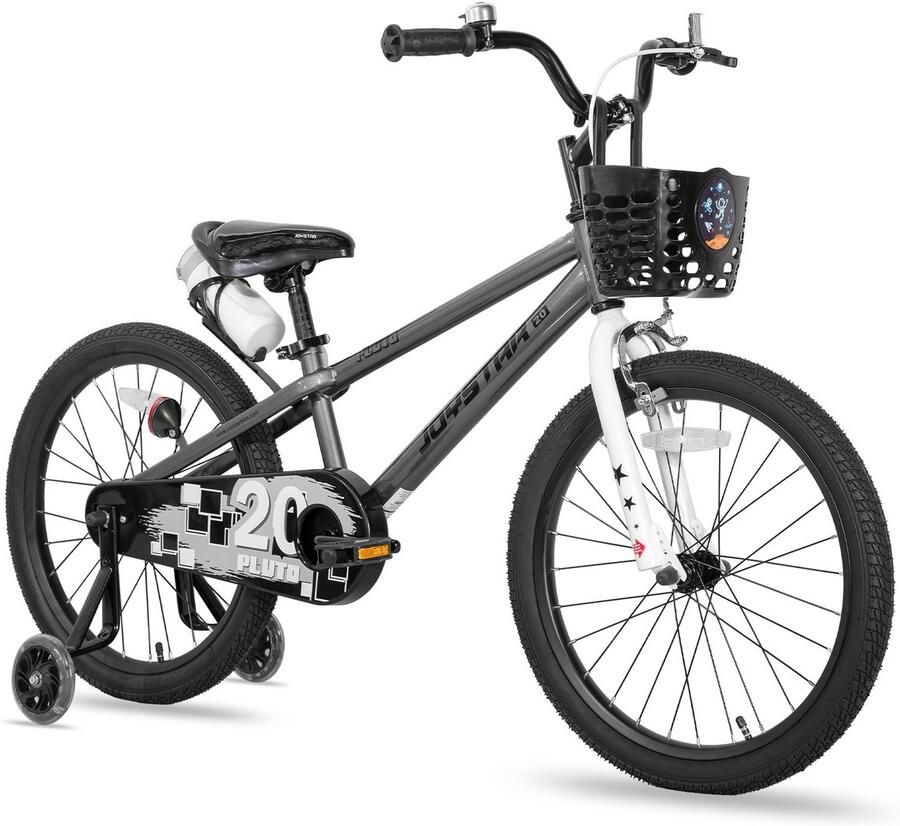 JOYSTAR Pluto Kinderfiets 18 inch met dje met waterfles zijwieltjes bel handrem grijs