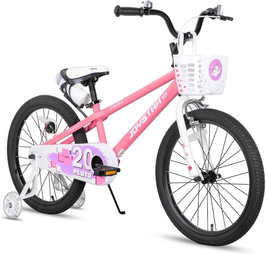 JOYSTAR Pluto Kinderfiets 18 inch met mandje met waterfles zijwieltjes bel handrem roze