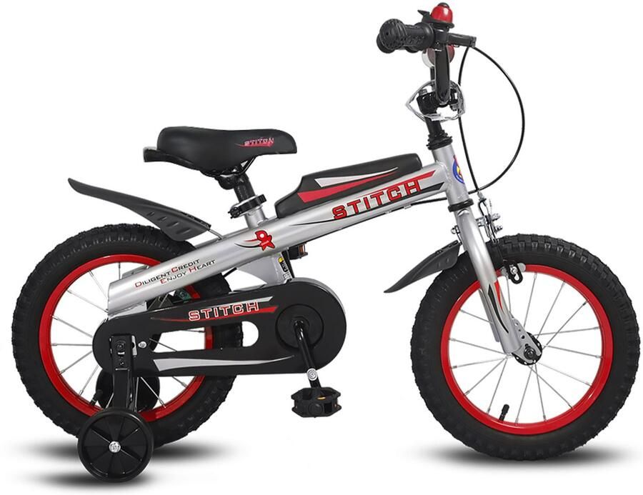 JOYSTAR Stitch Chevalier kinderfiets voor en 12 inch zijwieltjes bellen handrem Zilver