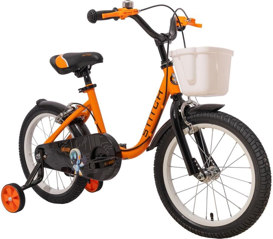 JOYSTAR STITCH Kinderfiets 16 Inch 4-7 Jaar en Zijwieltjes dje Bel Handrem Oranje