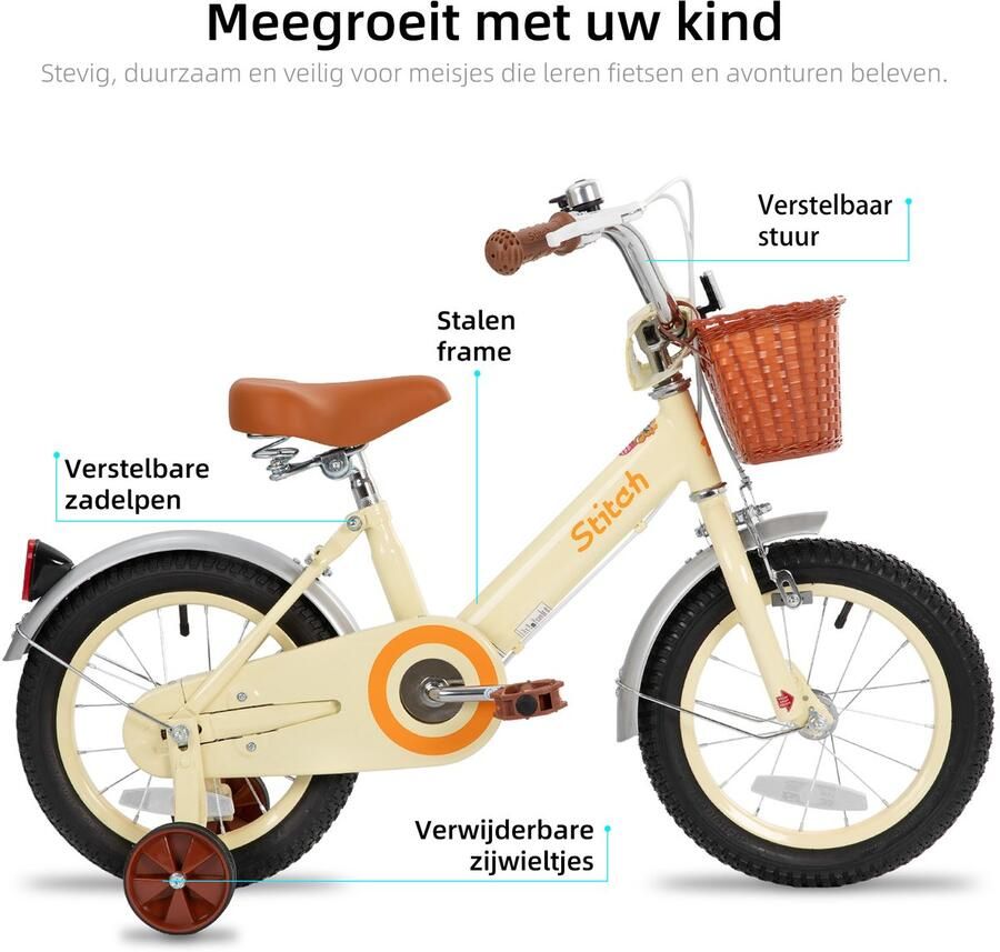 JOYSTAR STITCH Retro meisjesfiets 14 Inch Geschikt voor kinderen van 3 tot 5 jaar Met mandje en zijwieltjes Beige