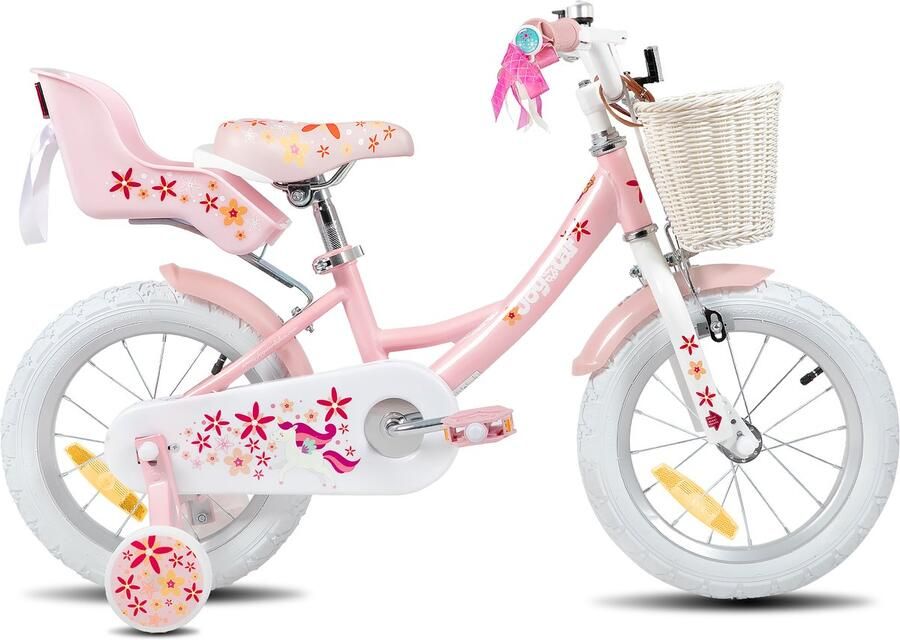 JOYSTAR Unicorn Kinderfiets voor Meisjes 12 Inch Mand Zijwieltjes Bel Handrem Roze