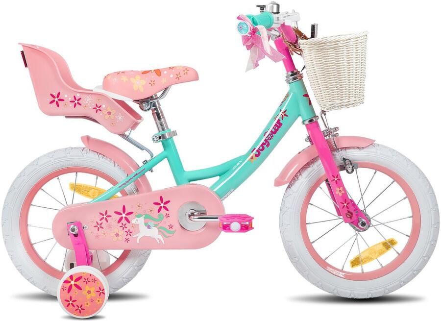 JOYSTAR Unicorn Kinderfiets voor Meisjes 12 Inch Mand Zijwieltjes Bel Handrem Groen