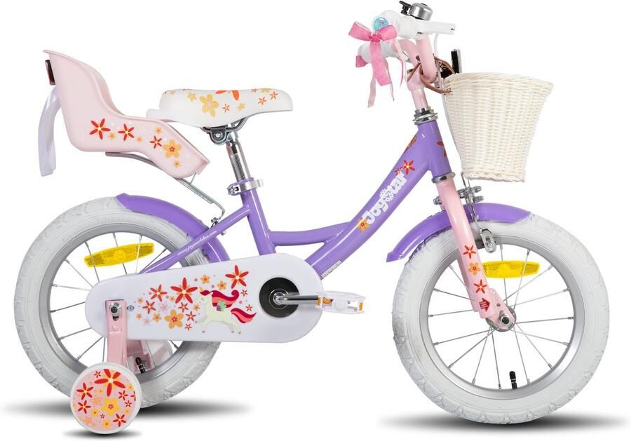 JOYSTAR Unicorn Kinderfiets voor Meisjes 12 Inch Mand Zijwieltjes Bel Handrem Paars
