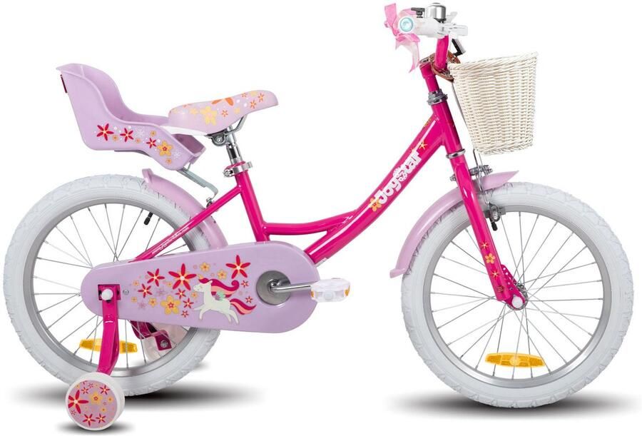 JOYSTAR Unicorn Kinderfiets voor Meisjes 18 Inch Mand Zijwieltjes Bel Handrem Fuchsia