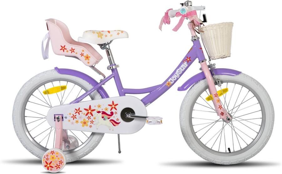 JOYSTAR Unicorn Kinderfiets voor Meisjes 18 Inch Mand Zijwieltjes Bel Handrem Paars