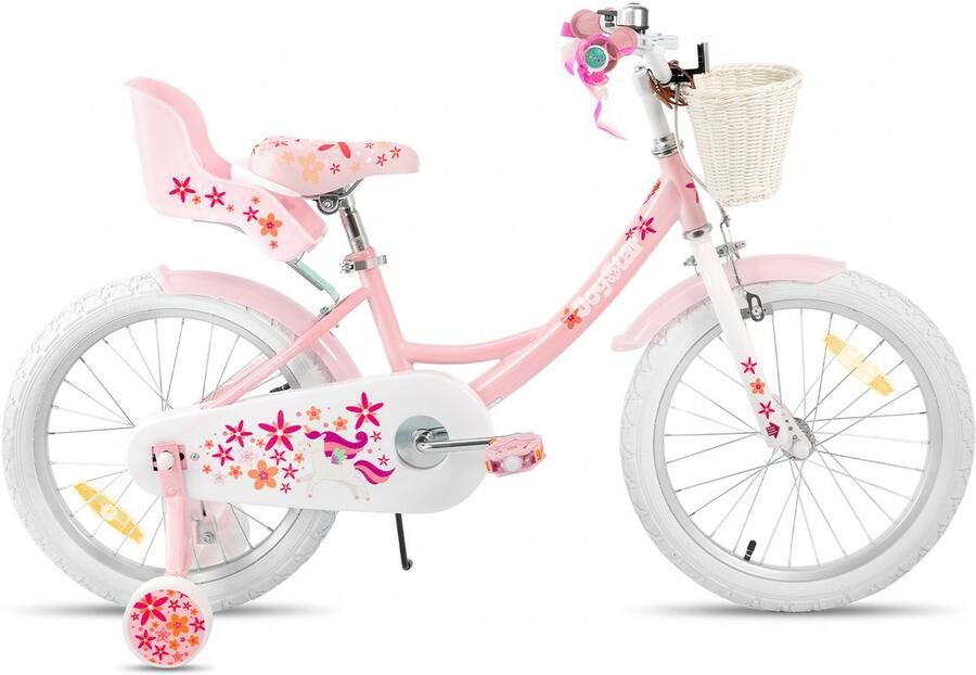 JOYSTAR Unicorn Kinderfiets voor Meisjes 18 Inch Mand Zijwieltjes Bel Handrem Roze