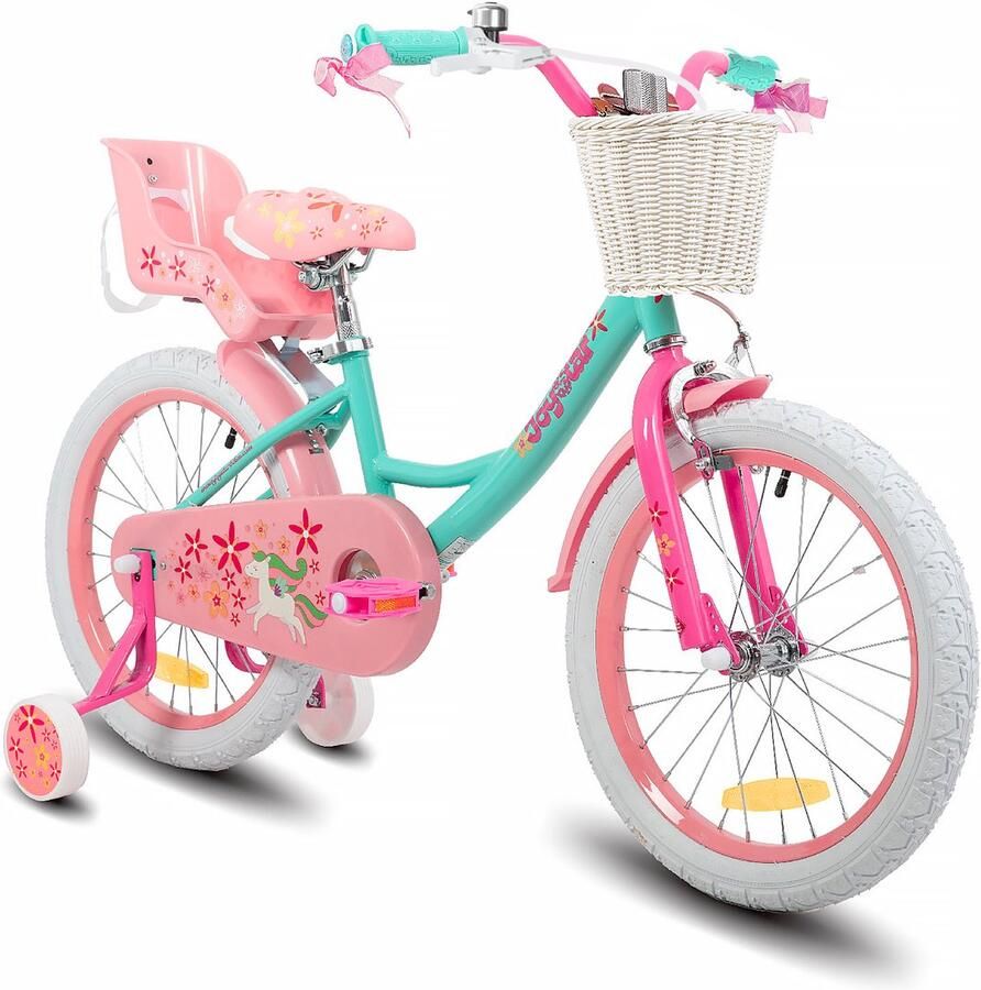 JOYSTAR Unicorn Meisjesfiets 18 Inch – Met Poppenzitje Mandje & Zijwieltjes – Kinderfiets 5 tot 8 Jaar (114-145 cm) – Groen