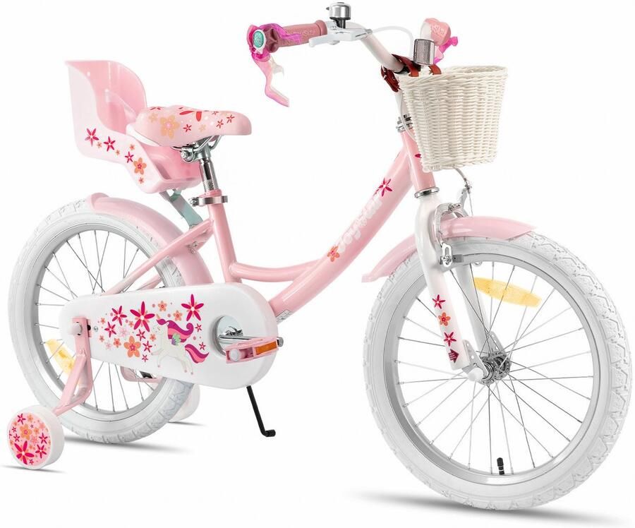 JOYSTAR Unicorn Meisjesfiets 18 Inch – Met Poppenzitje Mandje & Zijwieltjes – Kinderfiets 5 tot 8 Jaar (114-145 cm) – Roze