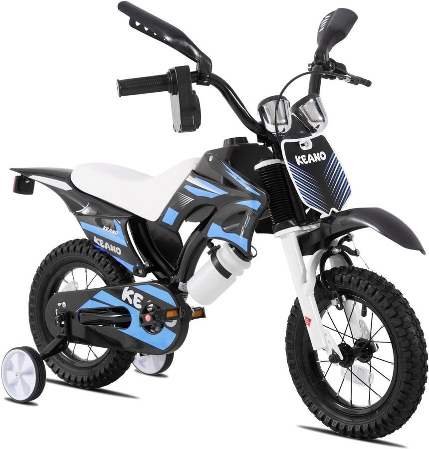 Keano Motocross Stoere Kinderfiets 12 Inch Voor & (2-4 jaar) Met Zijwieltjes & Nummerbord Blauw