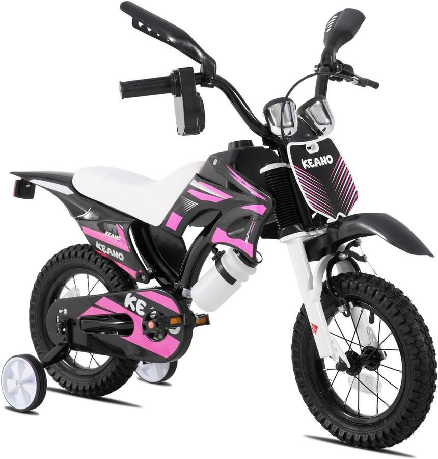 Keano Motocross Stoere Kinderfiets 12 Inch Voor & (2-4 jaar) Met Zijwieltjes & Nummerbord Roze